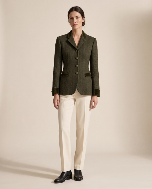 Herringbone Tweed Jacket with Velvet Cuffs — studio front