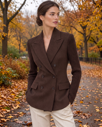 Cascadia Structured Double-Breasted Blazer with Ribbed Sleeves — worn in Central Park in autumn