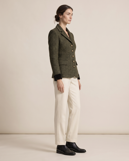 Herringbone Tweed Jacket with Velvet Cuffs — three-quarter view