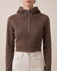 Double-Layer Hooded Zip Jacket — zipped collar, worn