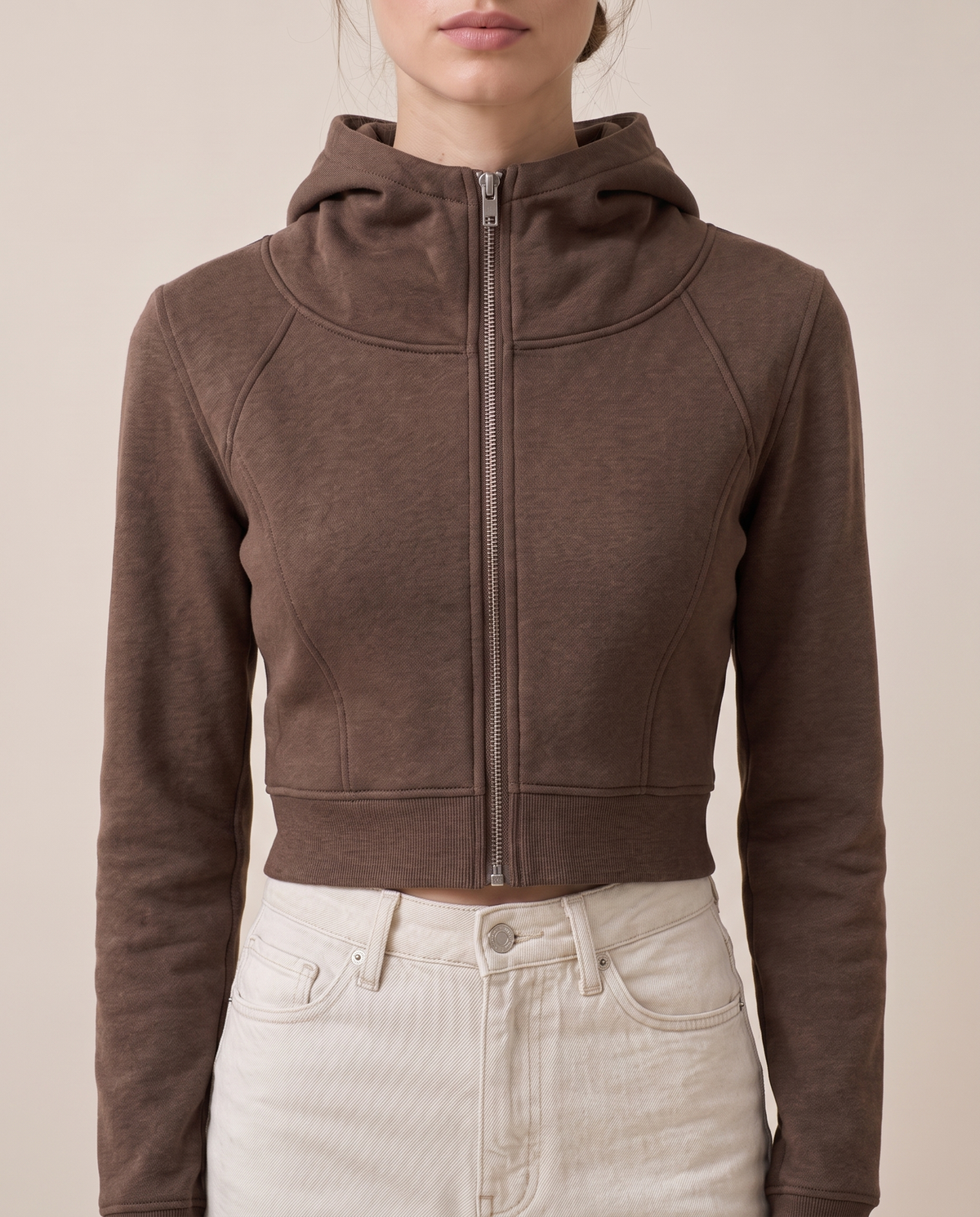 Double-Layer Hooded Zip Jacket — zipped collar, worn