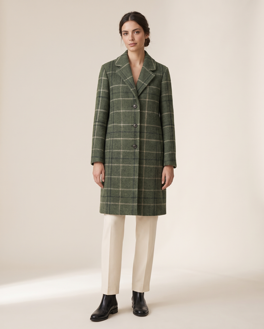 Green Plaid Coat with Notched Lapel — studio front