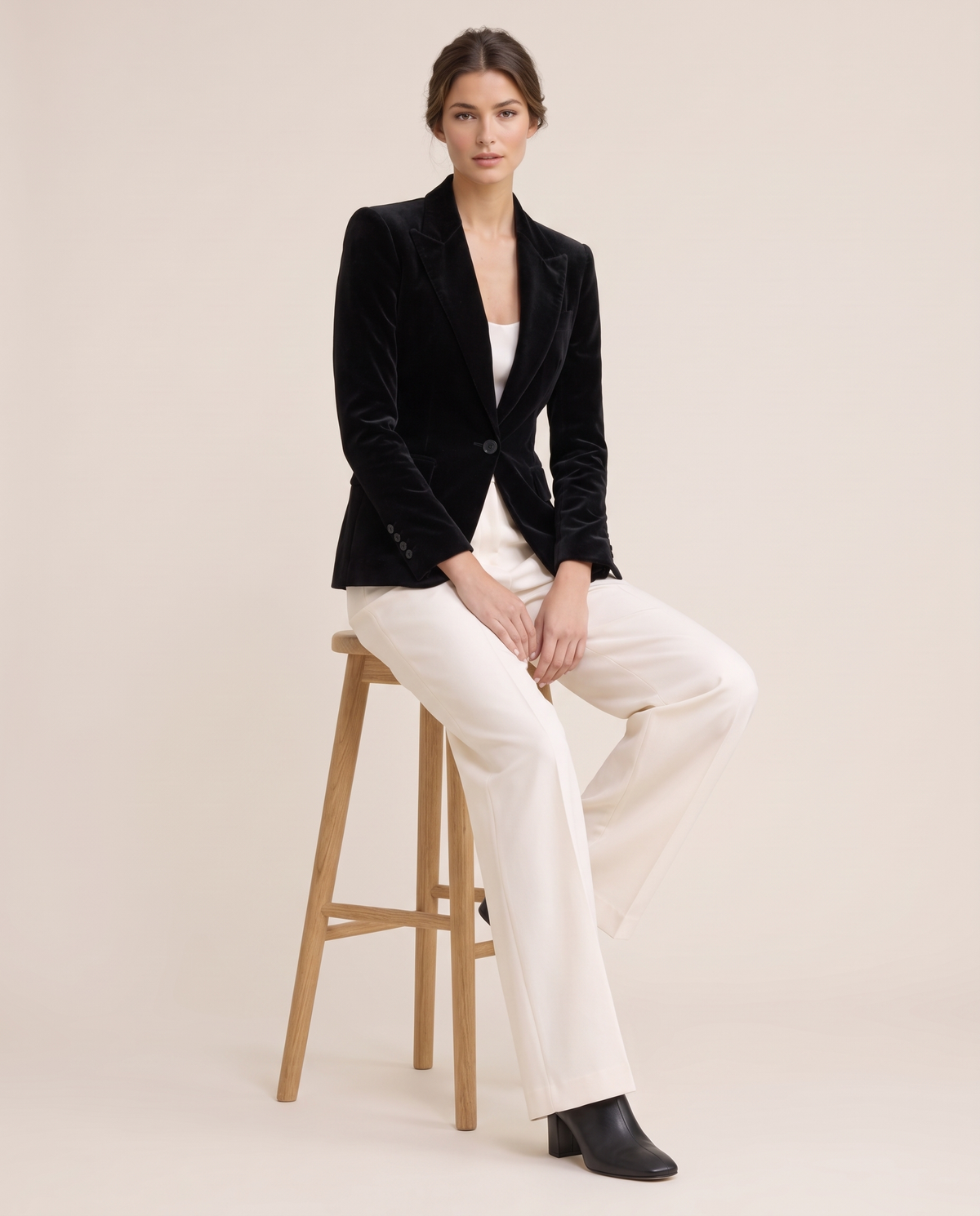 Eventide Elegant Velvet Single-Button Blazer — worn seated
