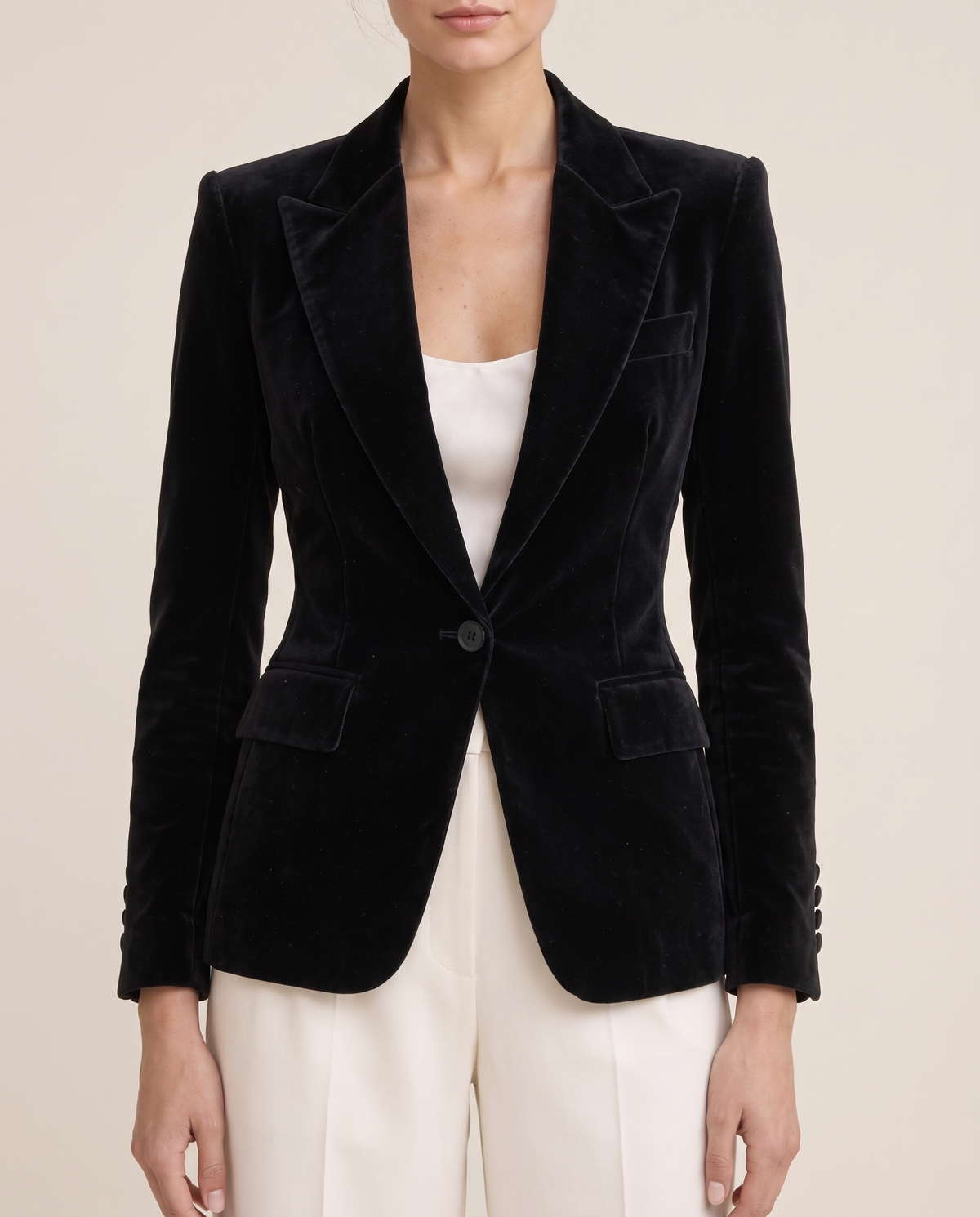 Eventide Elegant Velvet Single-Button Blazer — lapels and button, worn
