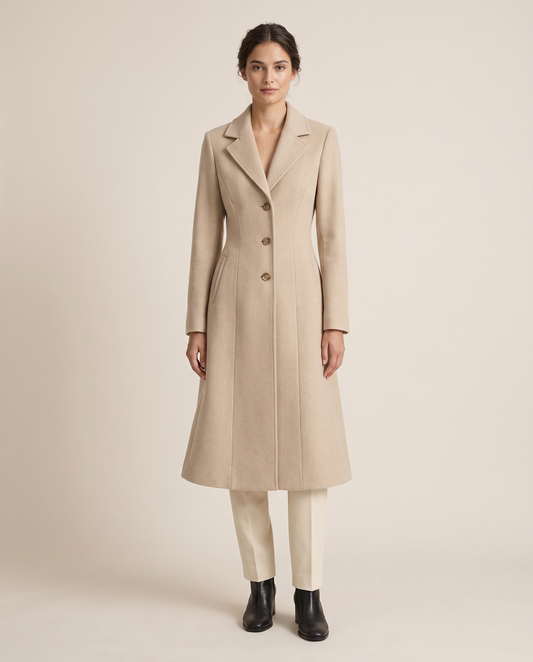 Long Tailored Coat with Flared Hem — studio front