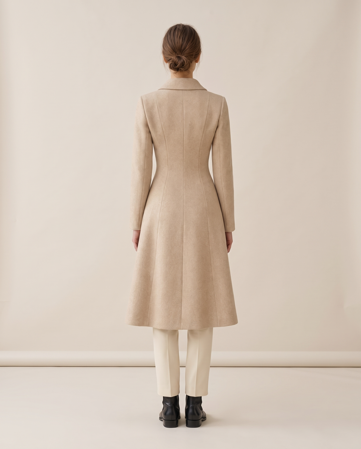 Long Tailored Coat with Flared Hem — studio back