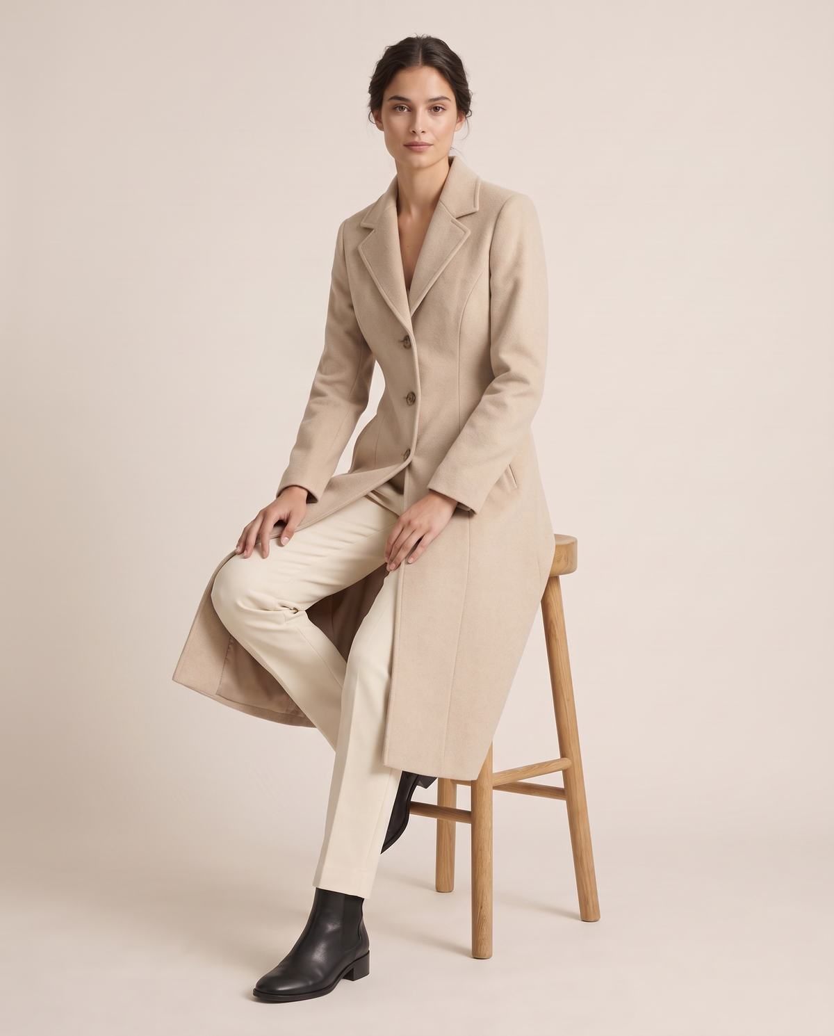 Long Tailored Coat with Flared Hem — worn seated