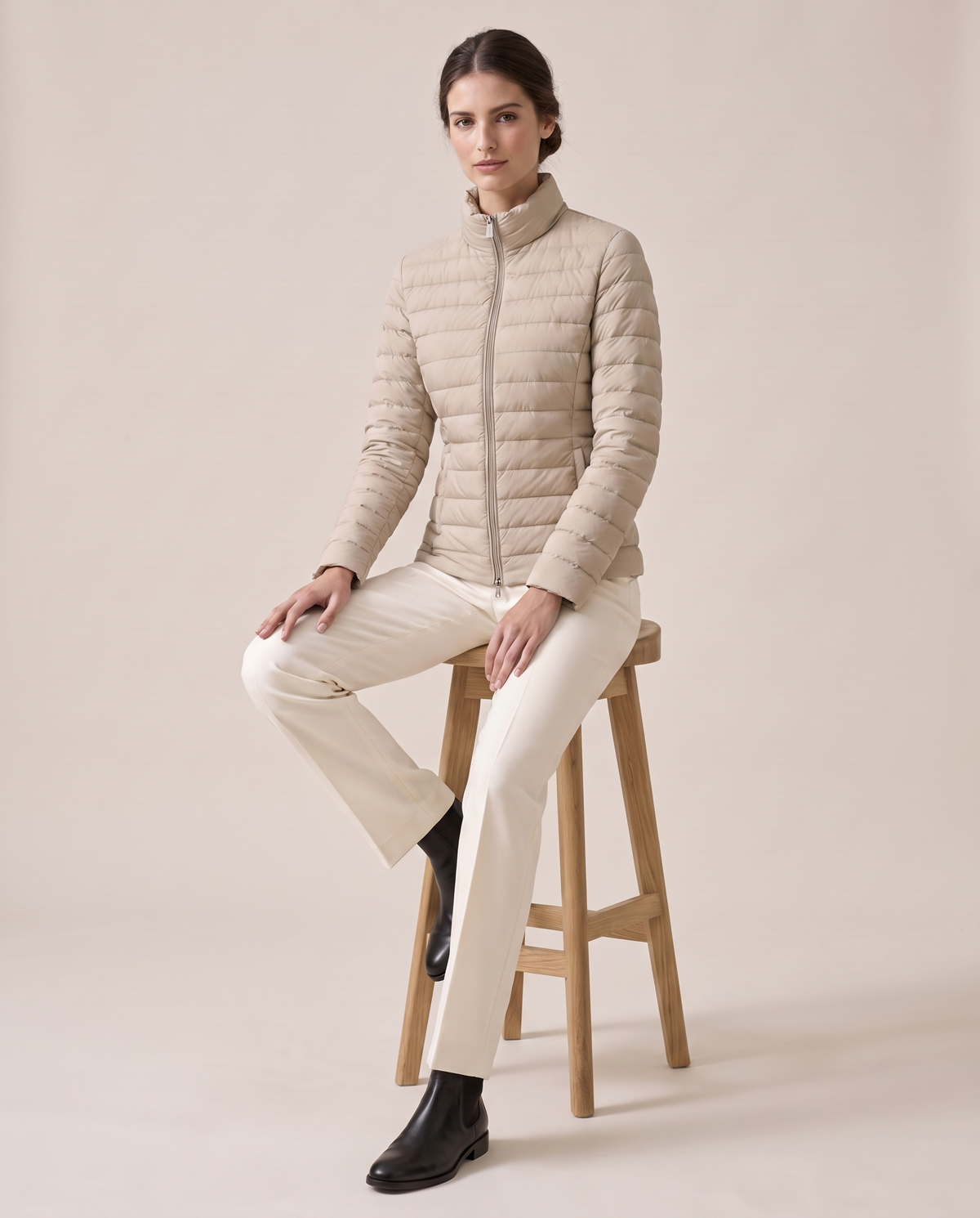 Lightweight Quilted Jacket with Stand Collar — worn seated