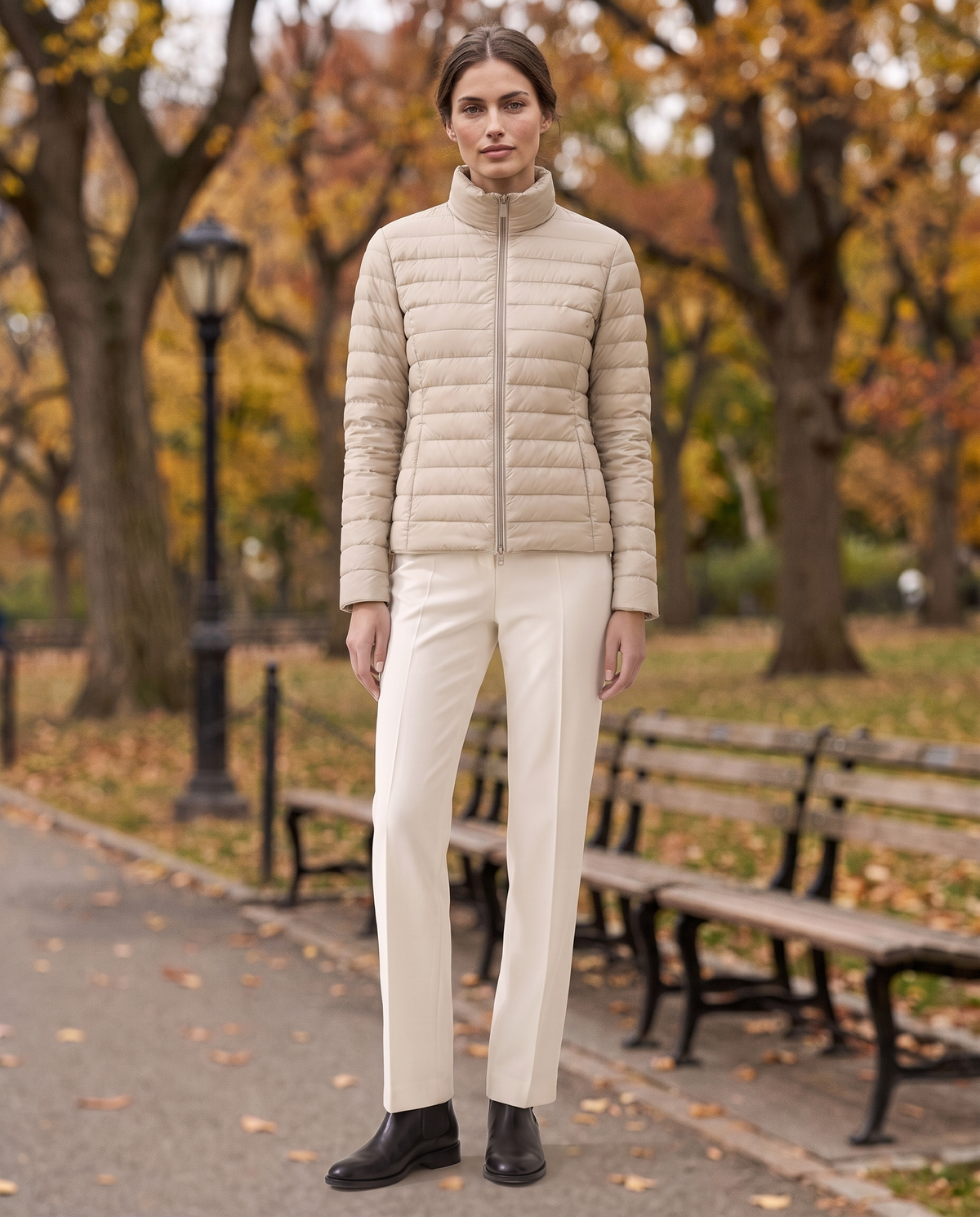 Lightweight Quilted Jacket with Stand Collar — worn in Central Park in autumn
