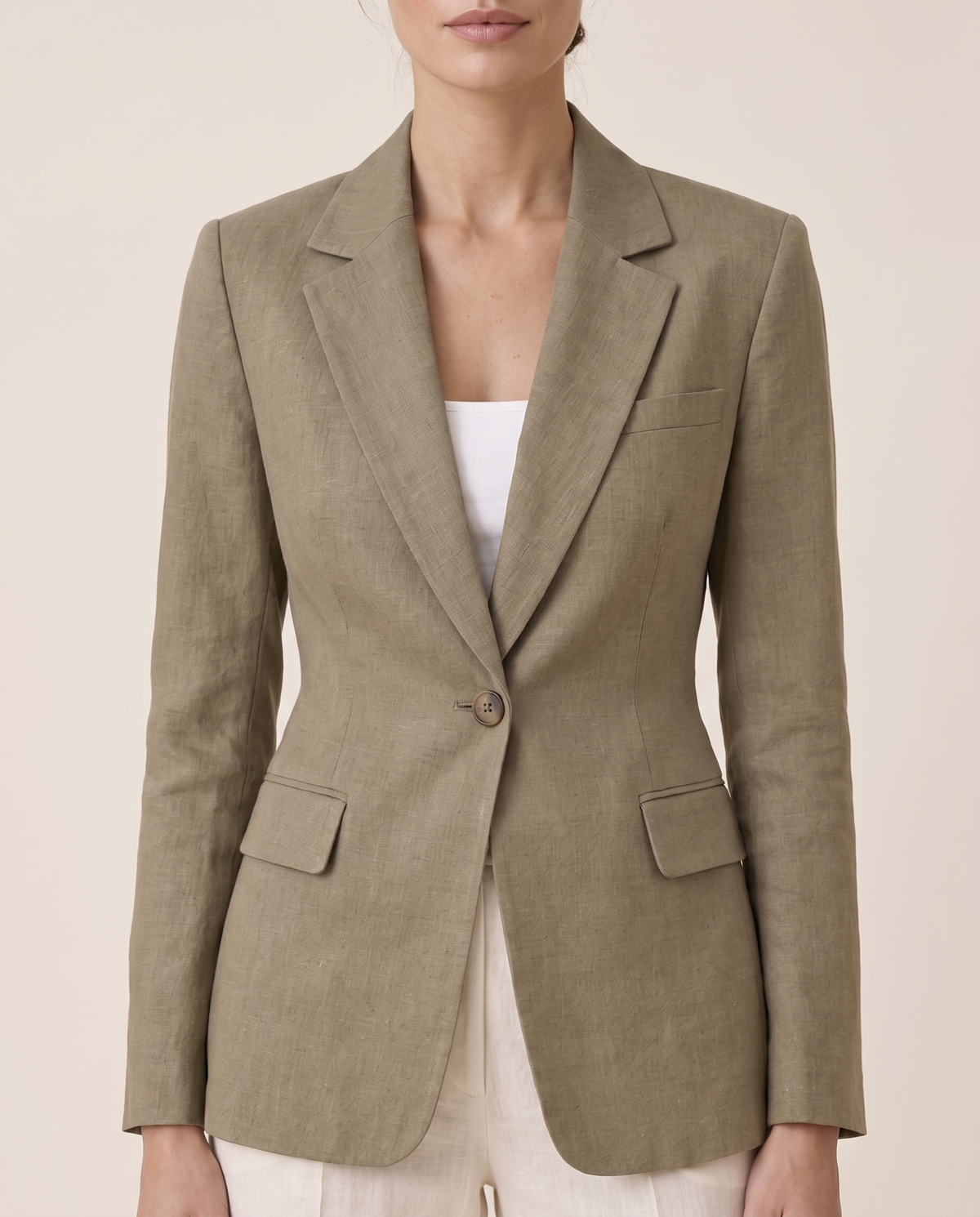 Taormina Lightweight Notched Lapel Blazer — lapels and buttons, worn
