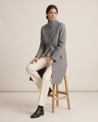 Stand-Collar Wool-Blend Coat with Pockets — worn seated