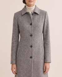 Wool-Blend Coat with Fold-Down Collar — collar and buttons, worn