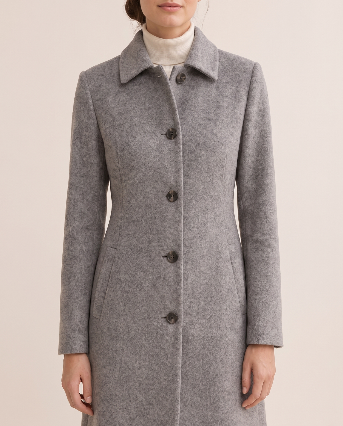 Wool-Blend Coat with Fold-Down Collar — collar and buttons, worn