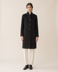 Stand-Collar Wool-Blend Coat with Pockets — black, studio front