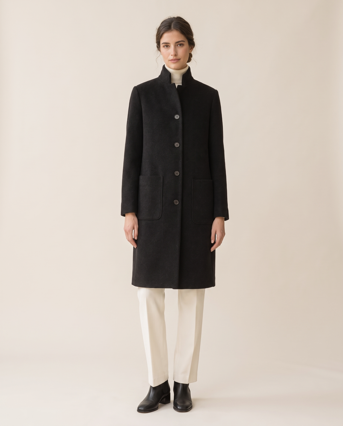 Stand-Collar Wool-Blend Coat with Pockets — black, studio front