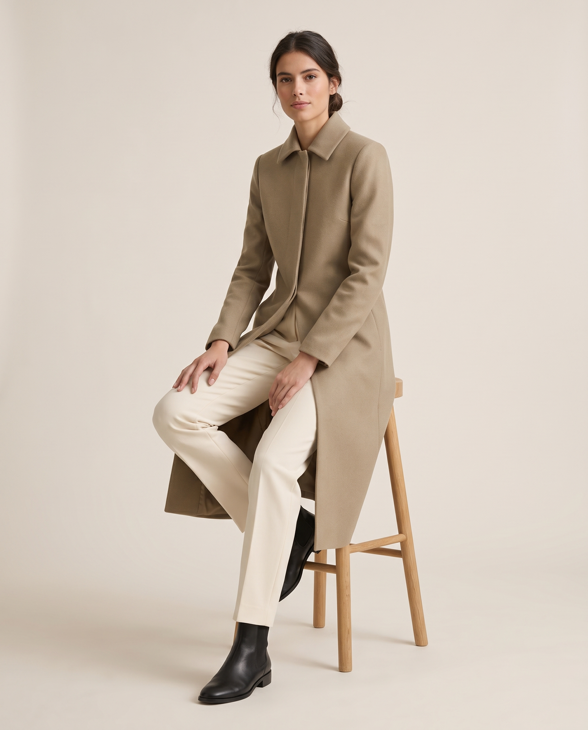 Slim-Fit Longline Coat for Women — worn seated