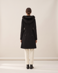 Double-Breasted Hooded Coat with Plush Trim — studio back