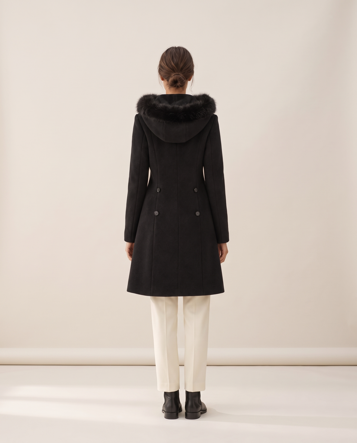Double-Breasted Hooded Coat with Plush Trim — studio back