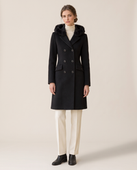 Double-Breasted Hooded Coat with Plush Trim — studio front