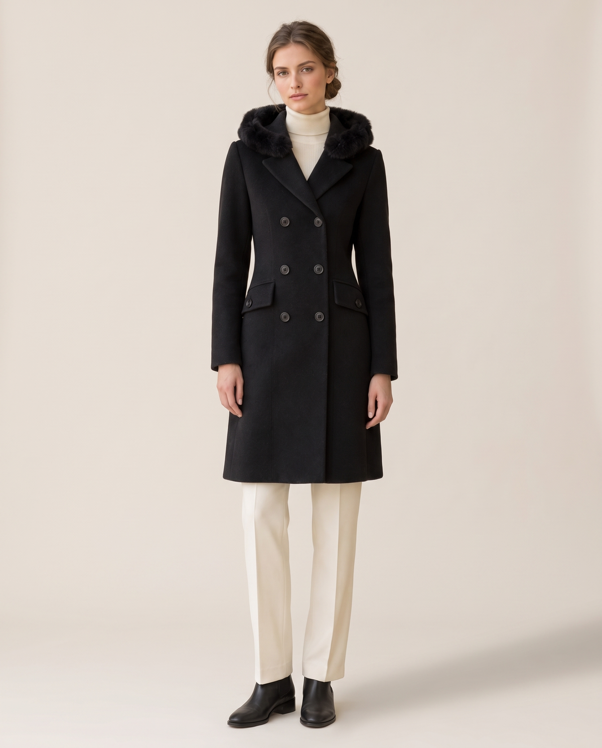 Double-Breasted Hooded Coat with Plush Trim — studio front