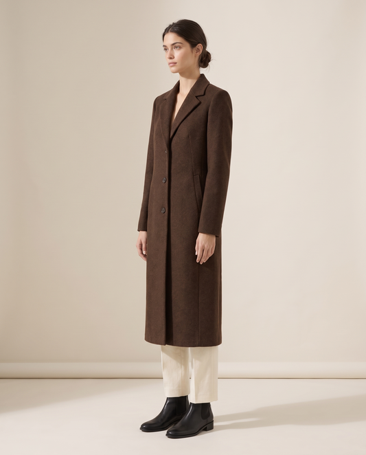Dark Brown Longline Coat with Notched Lapel — three-quarter view