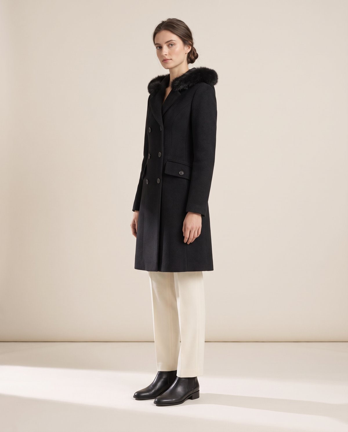 Double-Breasted Hooded Coat with Plush Trim — three-quarter view