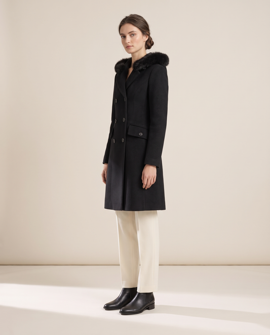 Double-Breasted Hooded Coat with Plush Trim — three-quarter view