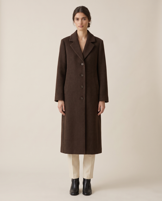 Dark Brown Longline Coat with Notched Lapel — studio front
