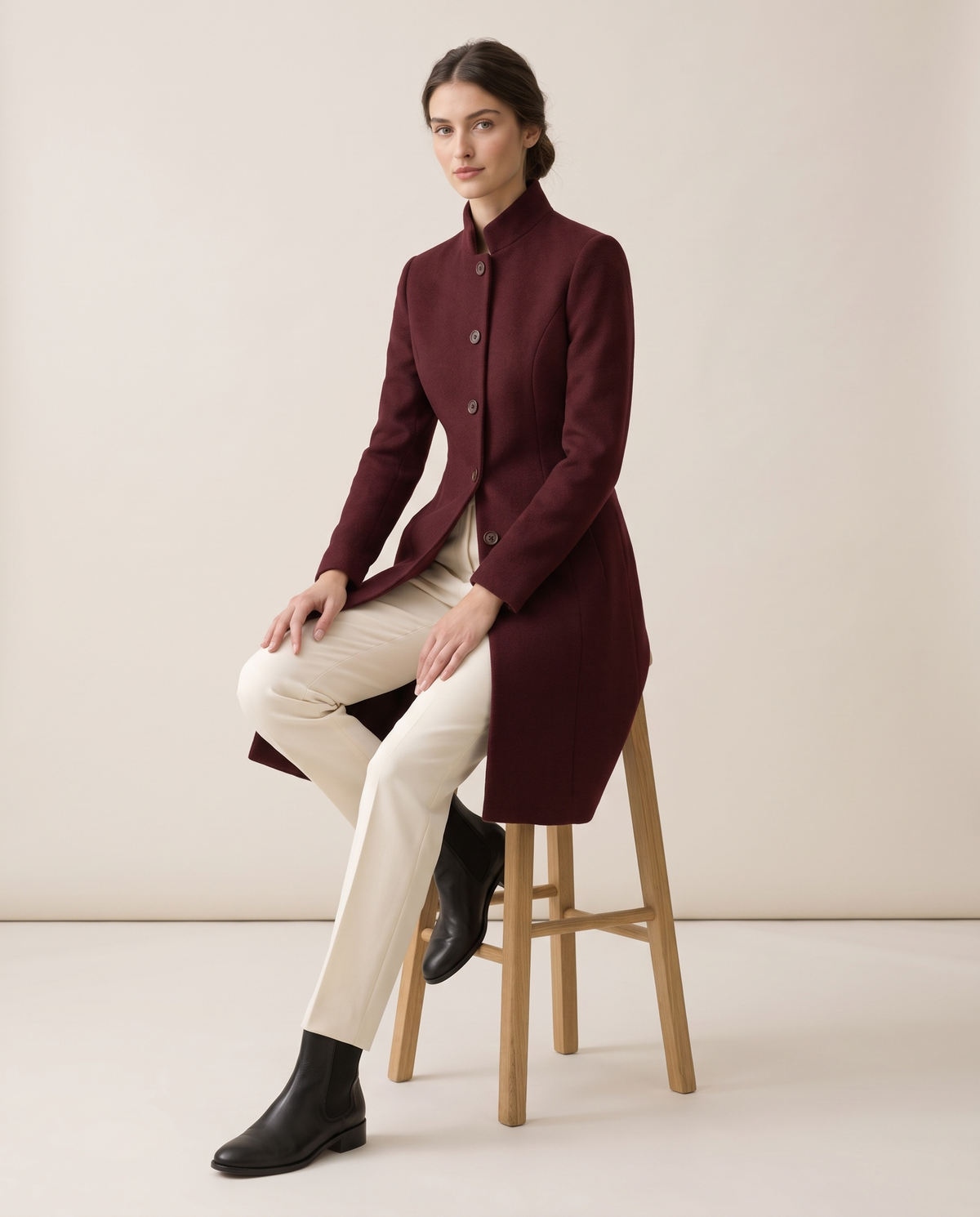 Fitted Stand-Collar Coat with Lined Body — worn seated