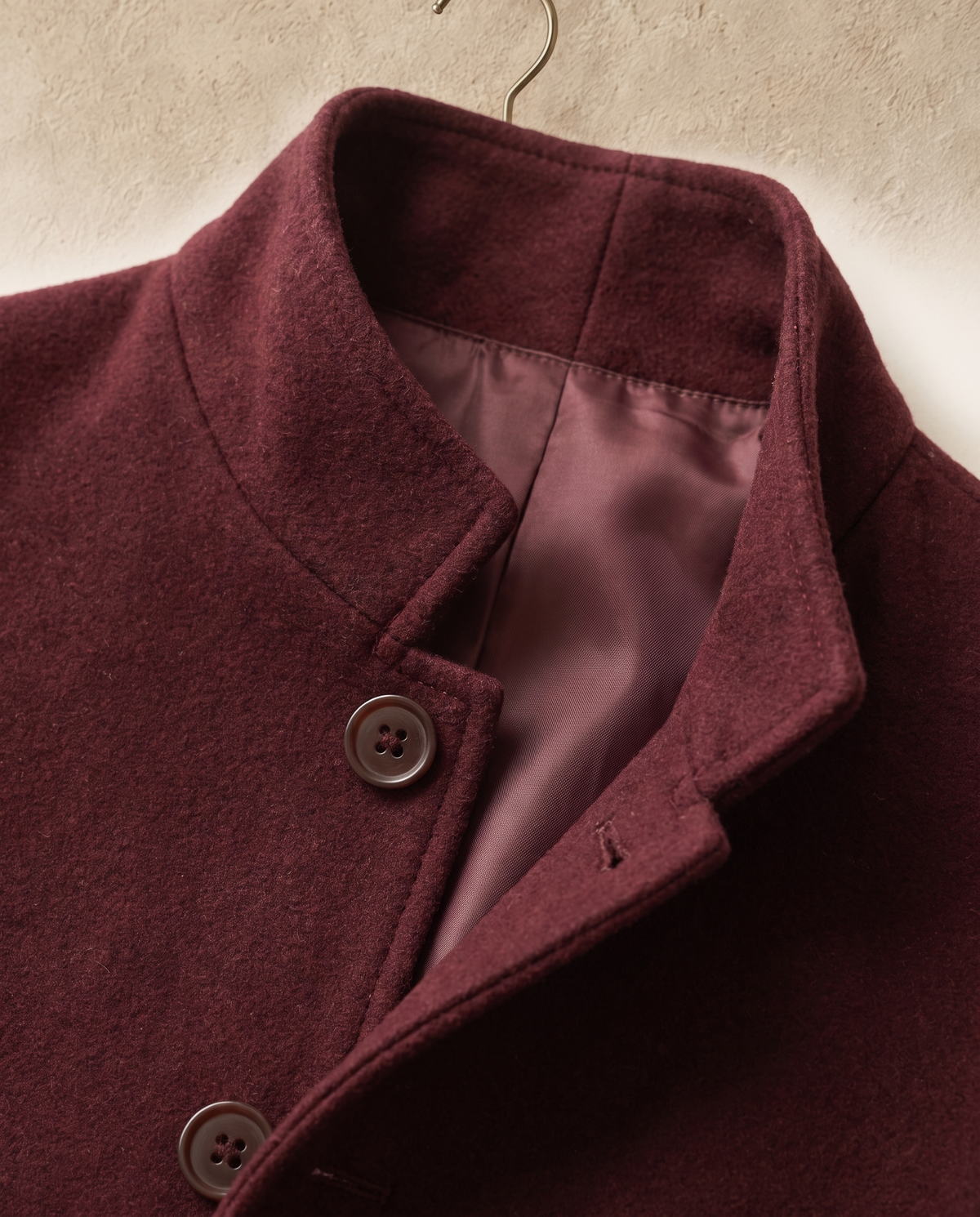 Fitted Stand-Collar Coat with Lined Body — collar and lining close-up