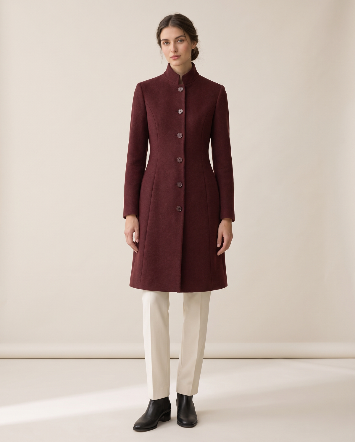 Fitted Stand-Collar Coat with Lined Body — studio front
