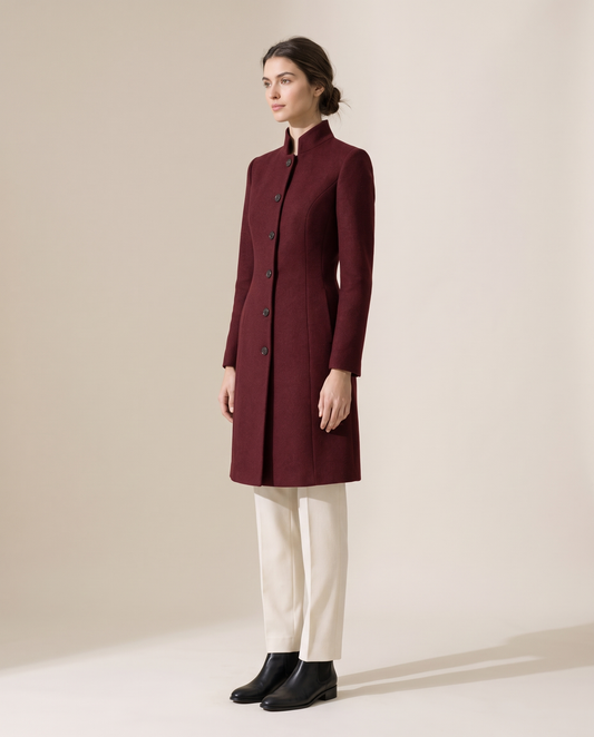Fitted Stand-Collar Coat with Lined Body — three-quarter view