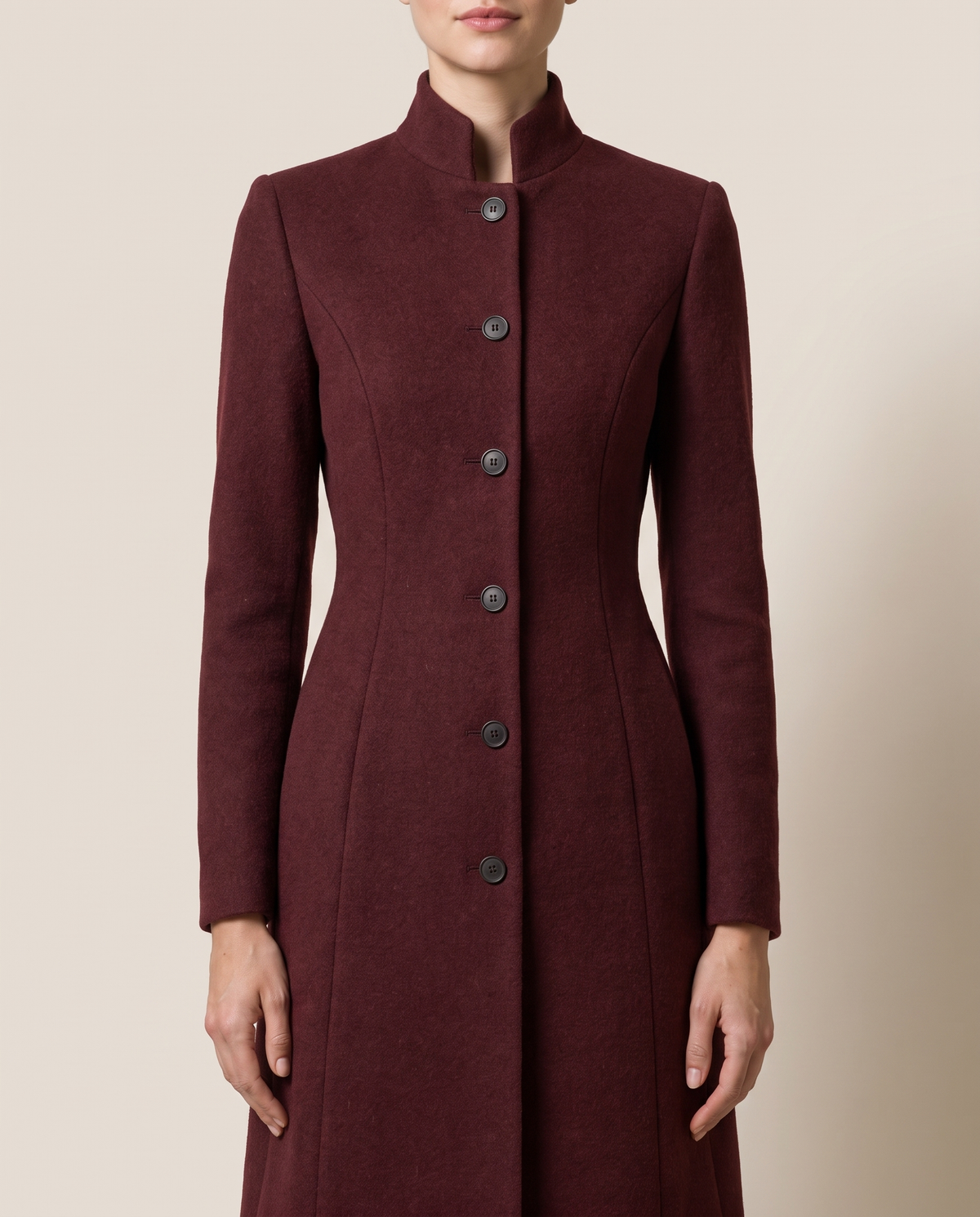 Fitted Stand-Collar Coat with Lined Body — collar and buttons, worn