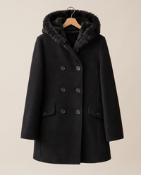 Double-Breasted Hooded Coat with Plush Trim — on hanger