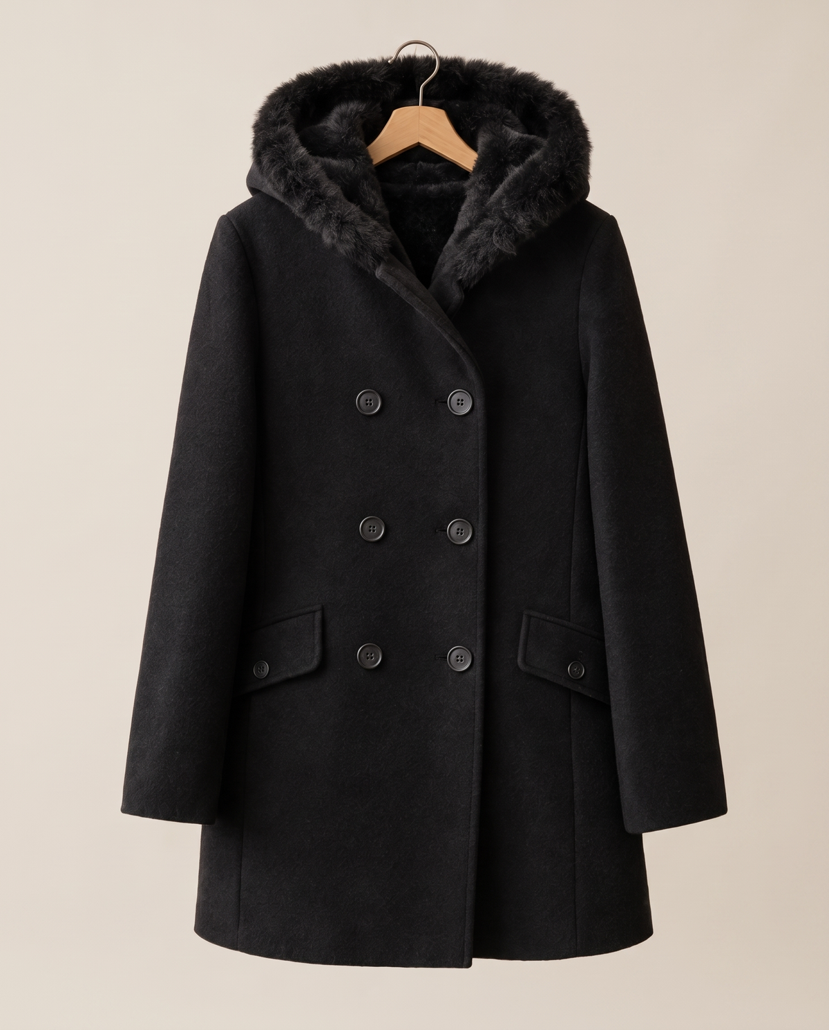Double-Breasted Hooded Coat with Plush Trim — on hanger