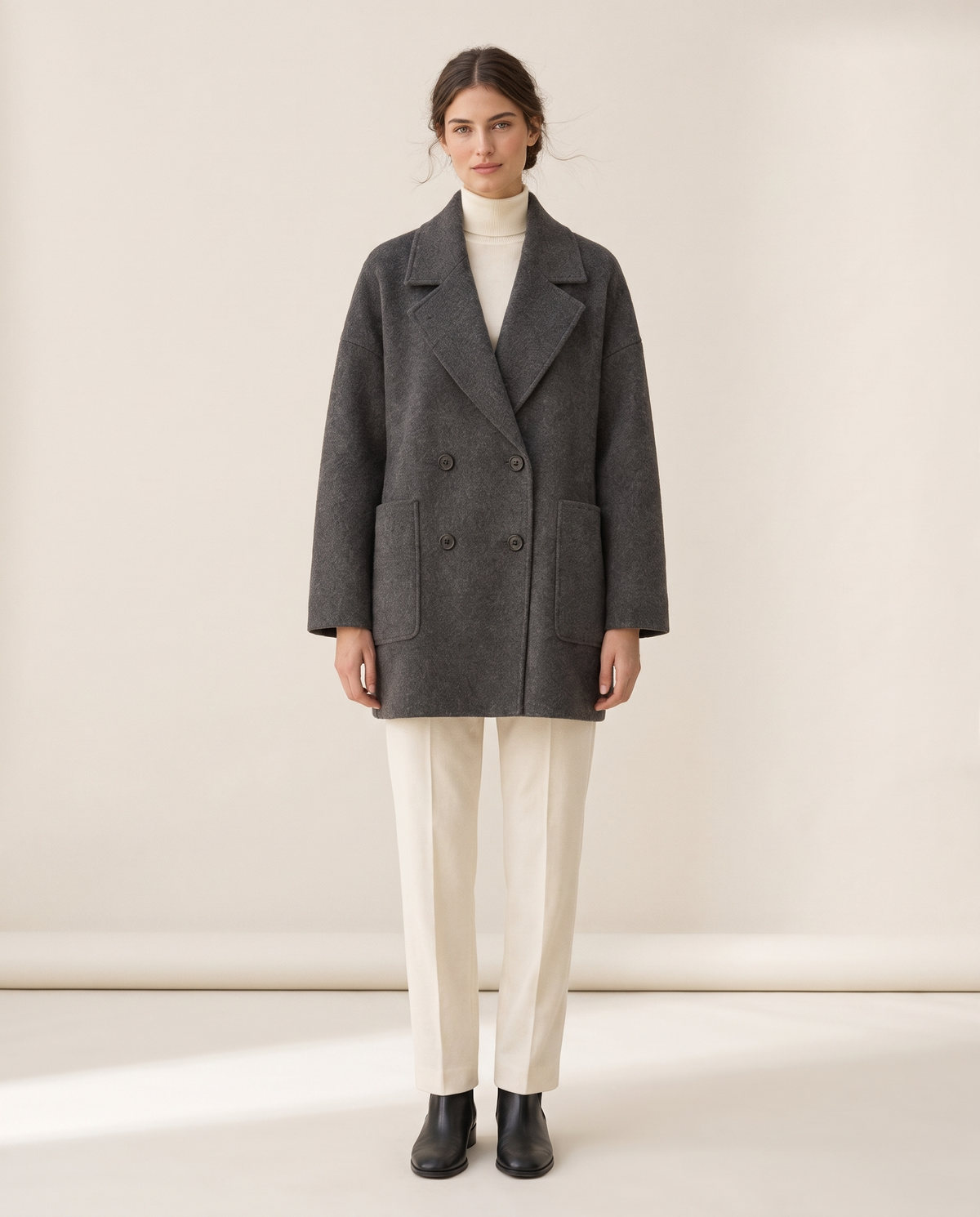 Oversized Double-Breasted Wool-Blend Coat — charcoal, studio front