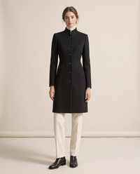 Fitted Stand-Collar Coat with Lined Body — black, studio front
