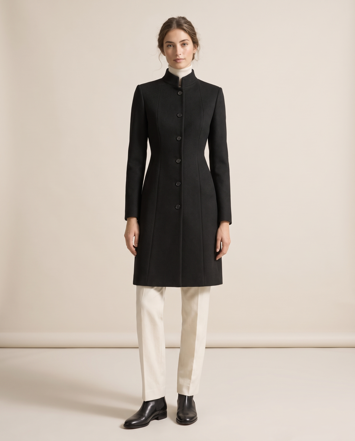 Fitted Stand-Collar Coat with Lined Body — black, studio front
