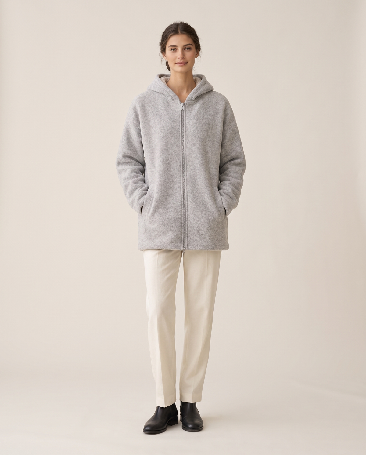 Oversized Hooded Fleece Jacket — studio front