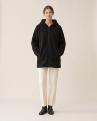 Oversized Hooded Fleece Jacket — black, studio front