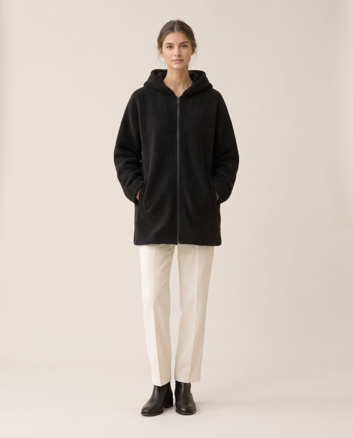 Oversized Hooded Fleece Jacket — black, studio front