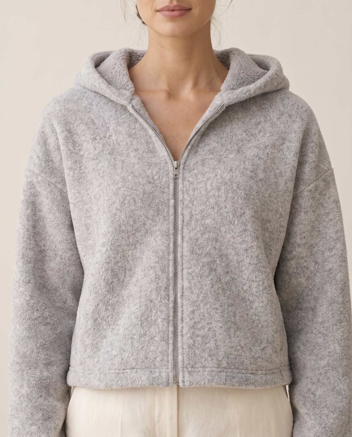 Oversized Hooded Fleece Jacket — zip and fleece texture, worn