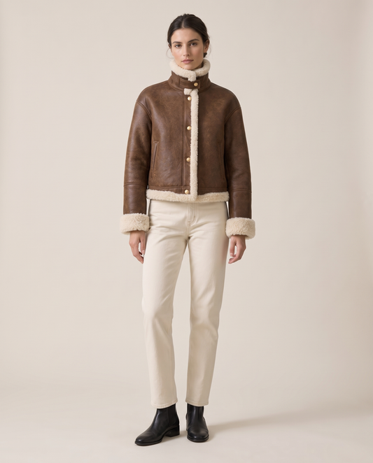 Brown Shearling Jacket with Stand Collar — studio front