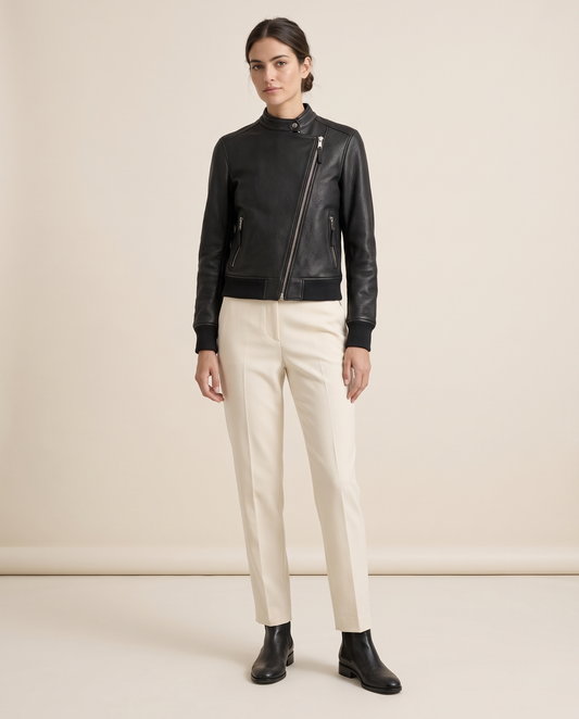 Asymmetric Zip Moto Jacket for Women — studio front