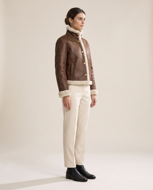 Brown Shearling Jacket with Stand Collar — three-quarter view