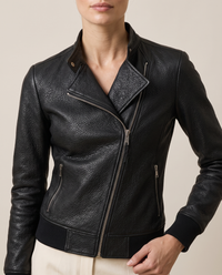Asymmetric Zip Moto Jacket for Women — collar and asymmetric zip, worn
