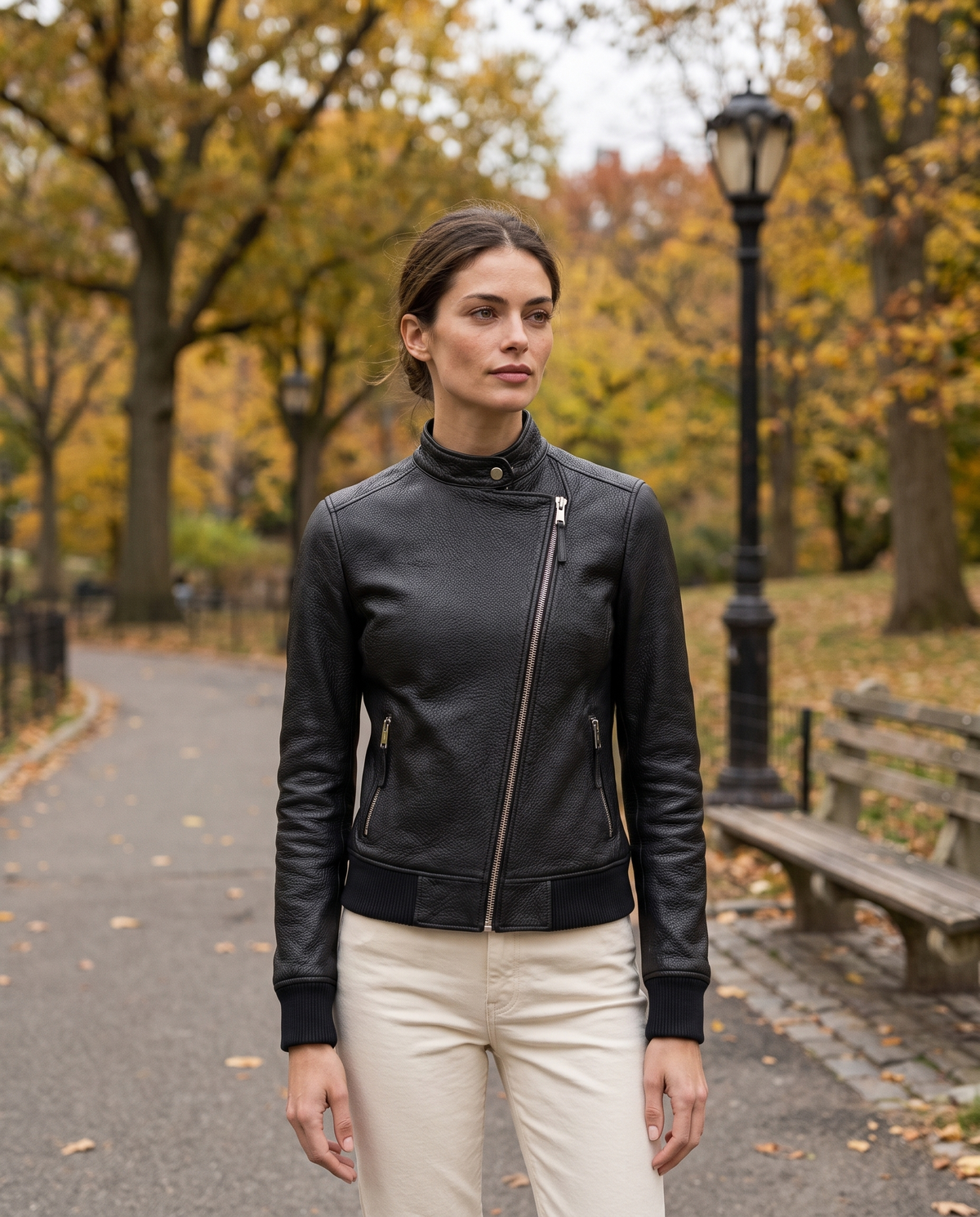 Asymmetric Zip Moto Jacket for Women — worn in Central Park in autumn