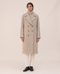 Long Double-Breasted Overcoat for Women — studio front