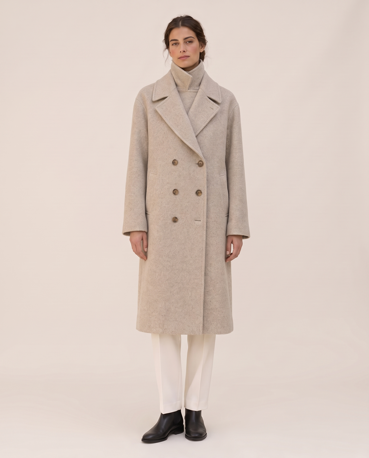 Long Double-Breasted Overcoat for Women — studio front