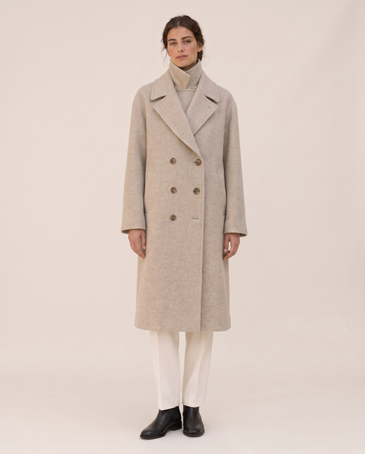 Long Double-Breasted Overcoat for Women — studio front
